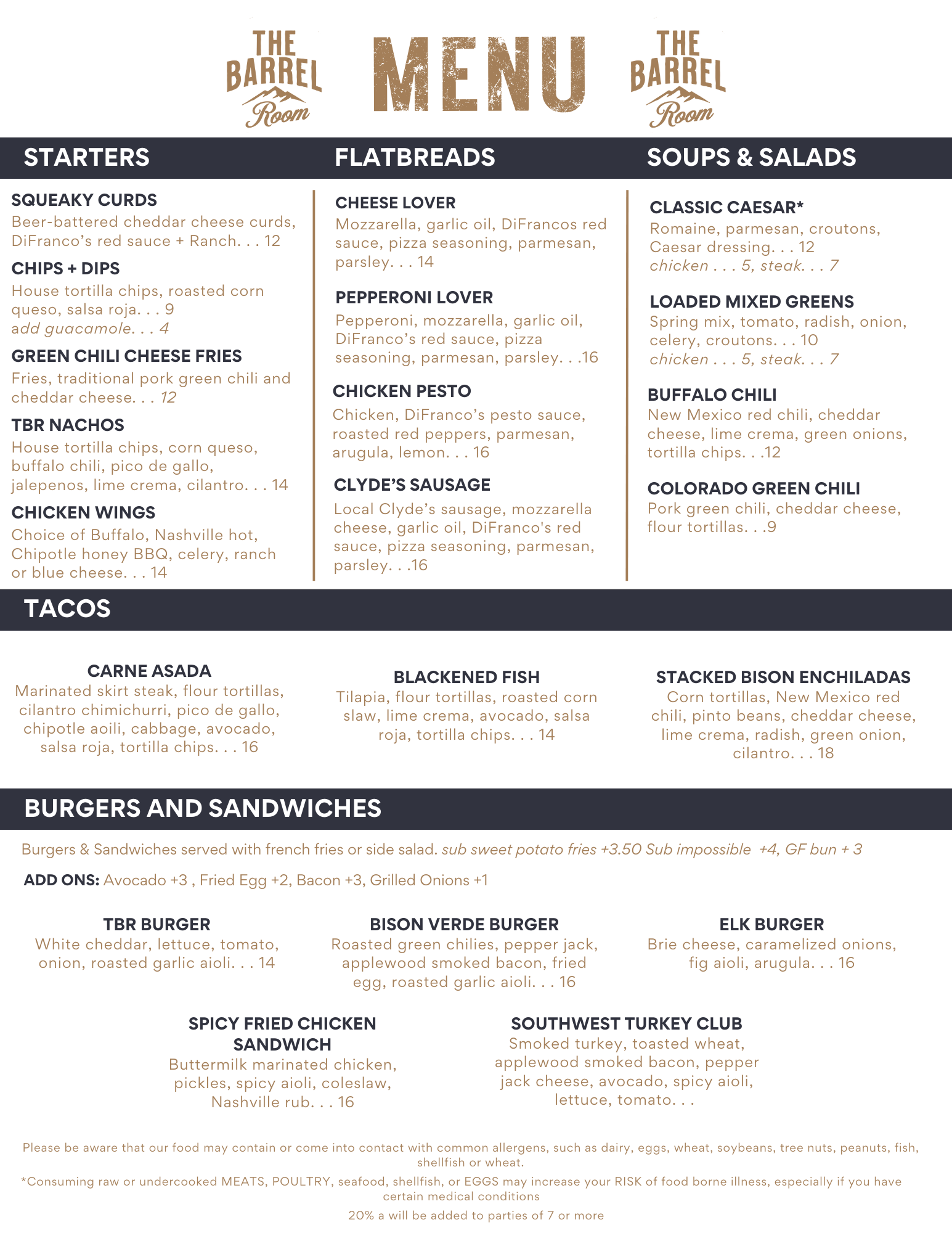 Lakewood Colorado Lunch and Dinner Menu. Sports Bar