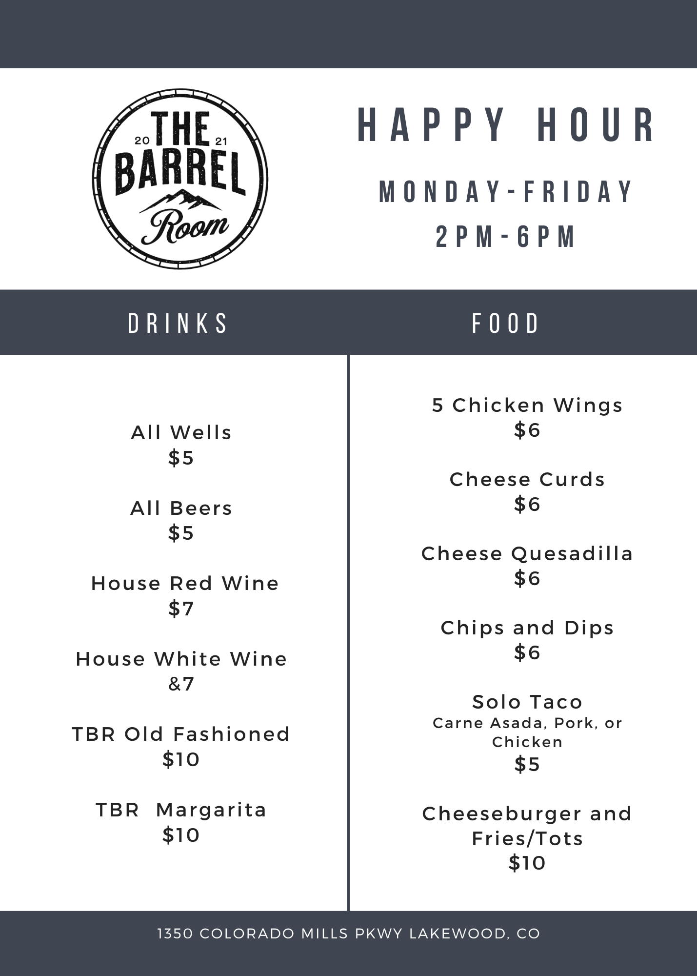 Barrel Room Happy Hour Menu (5 x 7 in)